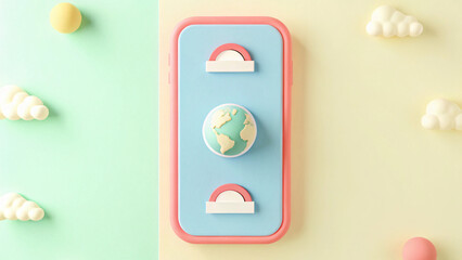 colorful 3D illustration of smartphone with globe and playful elements, evoking sense of exploration and creativity