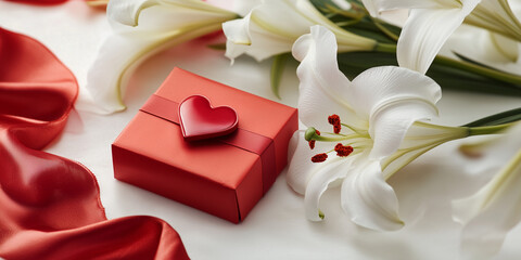 Red Gift Box with Heart Detail, White Lilies, and Red Fabric, Isolated on a White Background, Expressing Romantic Gift and Delicate Beauty