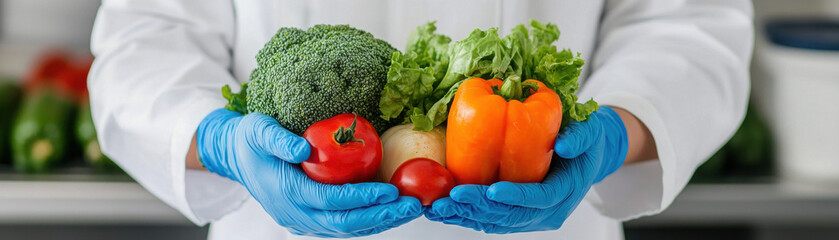 Fresh vegetables held by person in gloves, showcasing healthy eating. vibrant colors of broccoli, lettuce, peppers, and tomatoes emphasize nutrition and wellness