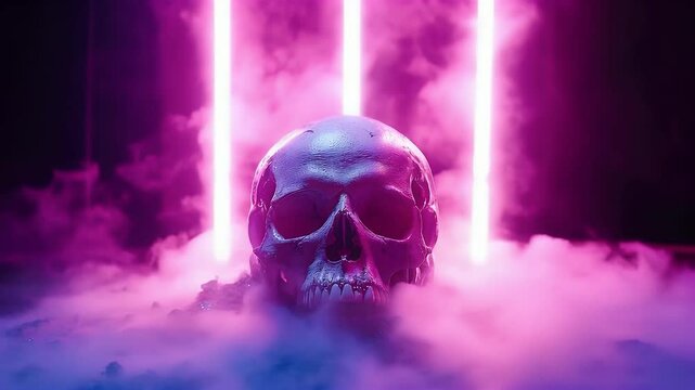 Human skull in dark ground with pink neon light.