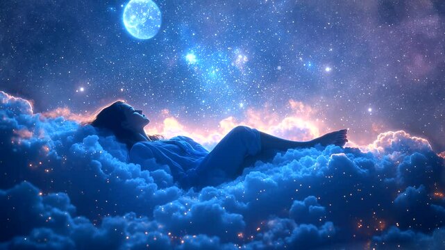 Person dreaming under glowing moonlight on a soft cloud seamless looping 4k time-lapse animation video background