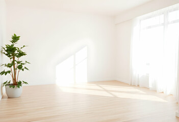 Fototapeta premium Minimalist interior, empty white room, bright natural light, large windows, hardwood floors, potted plant, sunny atmosphere, airy space, clean lines, Scandinavian design, open floor plan, shadow patte