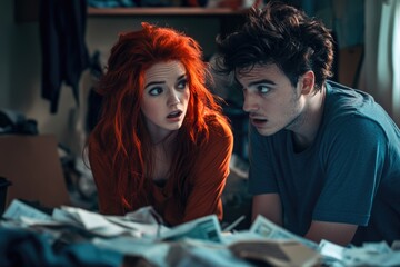 A young couple with shocked expressions discovers something unexpected amidst scattered papers and belongings.