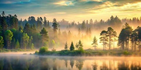 Fototapeta premium Soothing forest landscape with misty dawn, natural solace, stillness, natural solace