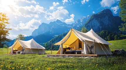 Glamping tents in mountain meadow sunrise