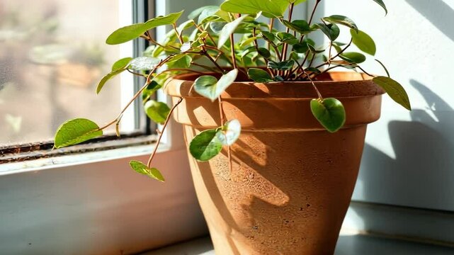 Nourishing indoor plant thriving in sunlight by a window in a cozy living space during afternoon