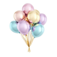 3D Rendered Metallic Balloons Bunch with Soft Pastel Tones, Tied with Gold Strings, Floating on a White Background, Expressing Elegant Celebration Transparent Background