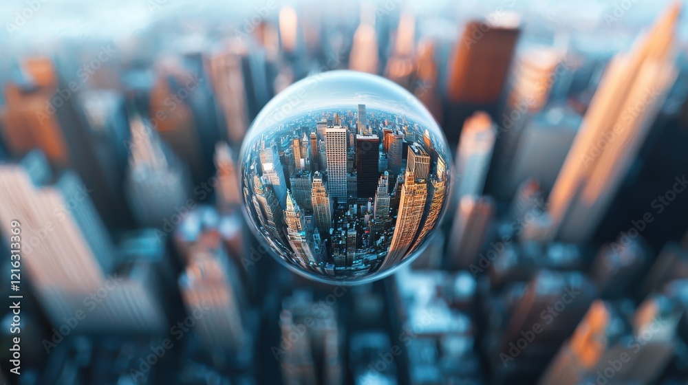 Wall mural Cityscape Panorama Gleaming Skyscrapers Reflected in a Crystal Sphere Urban Vista