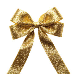 Sparkling Gold Glitter Bow with Extended Ribbons, Centered on a White Background, Radiating Festive Glamour and Celebration Transparent Background