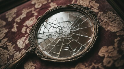 Fototapeta premium A shattered mirror resting on a soft, velvet background, with intricate reflections playing across the cracks.