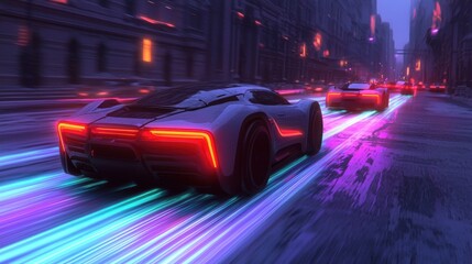 Sleek futuristic sports cars blaze through a neondrenched city at night