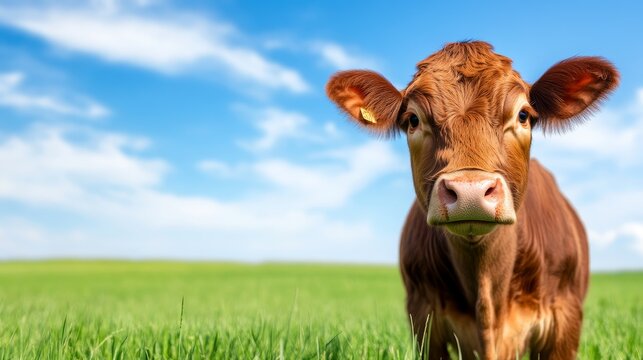 Brown calf standing in a lush green field under a blue sky with fluffy clouds in the background