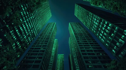 Night Cityscape Emerald Towers Reaching for the Sky