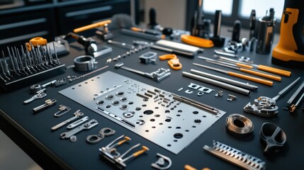 A mechanic aligns metal sheets for assembly, with precision tools arranged on the table.
