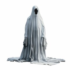 Naklejka premium Spooky ghost covered in a white sheet is standing in front of a white background