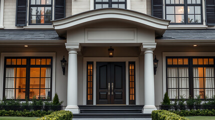 Fototapeta premium Magnificent House Exterior at Night: Modern Architecture, Elegant Design, and Luxurious Details
