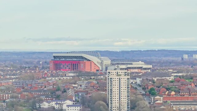 Tilt down shot of the famous Liverpool football stadium at Anfield, UK