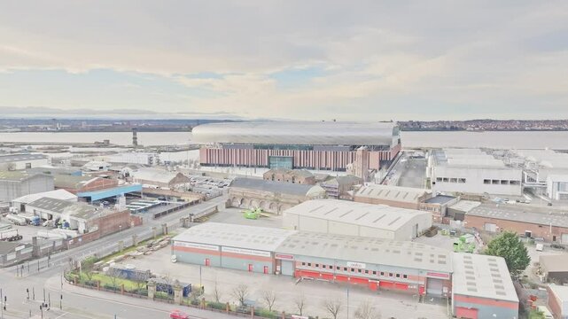 Tilt up shot of Everton football club's new stadium at Bramley Moore pier, Liverpool