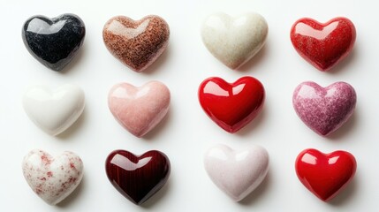 Fototapeta premium photograph of Collection of different hearts on white background. telephoto lens realistic daylight cool color