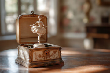 Antique ballerina music box, elegant figurine in ornate wooden case.