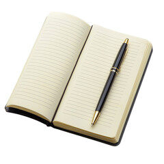 Open Papacasso Carnet A5 Notebook with Lined Ivory Paper and Black Pen, Isolated on White, Representing Premium Writing and Elegant Organization Transparent Background