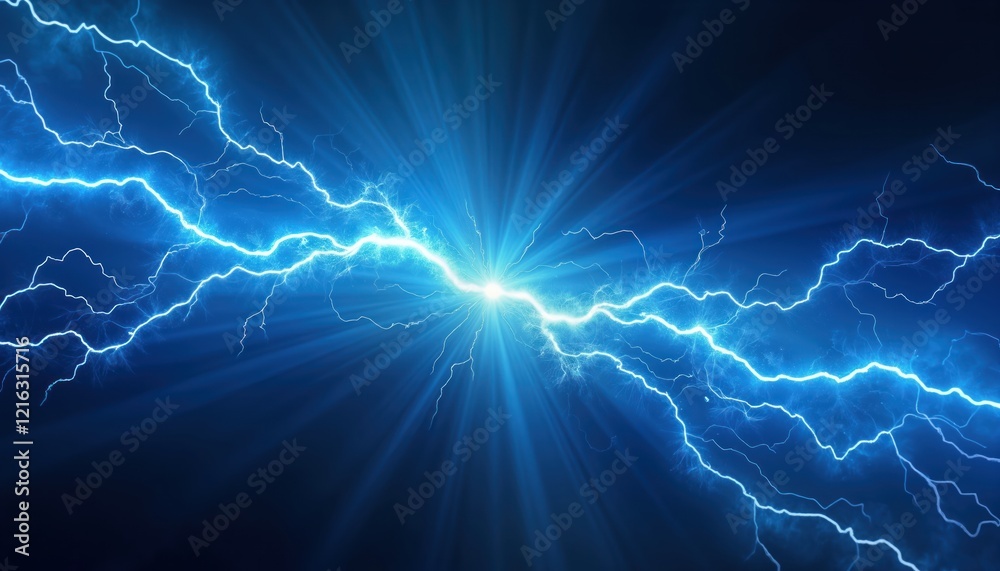 Poster Abstract image displays dynamic blue lightning plasma. Electrifying background with vibrant energy. Fast moving, glowing light streams create futuristic design. High tech illustration with powerful