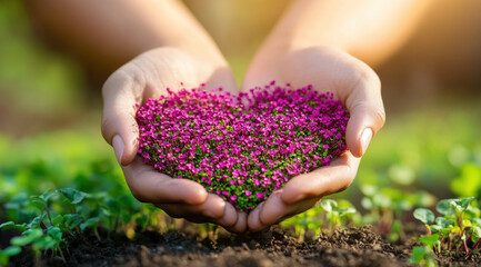 person holding heart shaped arrangement of pink flowers, symbolizing love and care for nature. background features green plants, creating serene and nurturing atmosphere