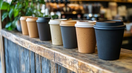 Various Eco-Friendly Coffee Cups on Wooden Counter in Cafe Setting
