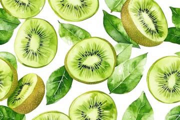 Fototapeta premium Watercolor seamless pattern of kiwi fruits, isolated on a white background.