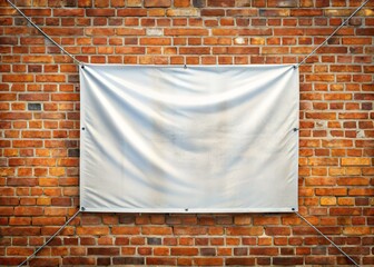 Blank White PVC Tarpaulin Banner on Brick Wall - High Resolution Stock Photo