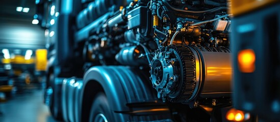 Fototapeta premium Close-up of a Powerful Truck Engine in a Workshop