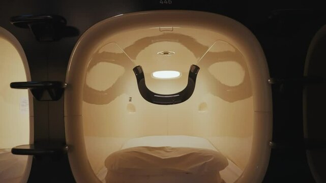 Capsule beds and pod inside a capsule hostel and hotel in Tokyo showcases the modern, compact, and futuristic design of this efficient accommodation style.