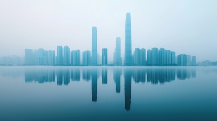 Fototapeta premium pm2.5 concept. Misty skyline reflecting on water with modern skyscrapers shrouded in blue hues.