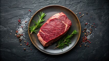 Aged beef rump steak placed on a dark stone table, with a subtle gradient effect to emphasize its juiciness and tenderness