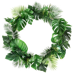 Tropical Green Leaf Wreath, Featuring Monstera and Palm Fronds, Arranged in a Circle Against a White Background, Radiating Lush Jungle Vibes Transparent Background