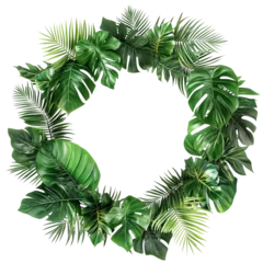 Tropical Green Leaf Wreath, Featuring Monstera and Palm Fronds, Arranged in a Circle Against a White Background, Radiating Lush Jungle Vibes Transparent Background © Kemal