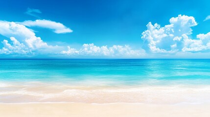 Fototapeta premium Serene Beach Scene with Clear Blue Waters and Fluffy Clouds Under a Bright Sky