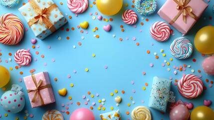Festal birthday bash inspiration. the festive ambiance with presents, hats, lollipops, balloons, and confetti on a pastel blue background suitable for text or promo content.