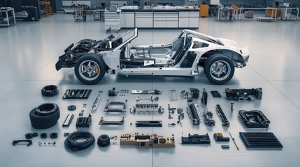 Obraz premium Various car parts neatly arranged on a factory floor in preparation for assembly.