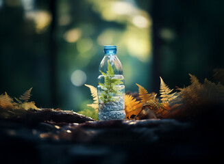 A plastic water bottle, containing a small plant, rests on fallen leaves in a forest.  Sunlight filters through the trees, creating a dramatic contrast.  The image symbolizes environmental themes.