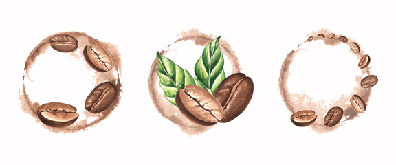 Compositions from roasted coffee beans. Set of watercolor hand drawn illustrations isolated. Harvest of tropical plantation. Ingredients for aromatic drink. Clipart of Arabica grains for packaging.