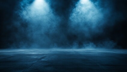 Dark blue smoky stage with spotlights.