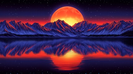 Fototapeta premium Pixel art sunset over majestic mountains reflected in a tranquil lake