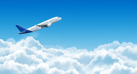 Naklejka premium Plane flies in blue sky above clouds, leaving trail behind it. Illustration, vector template for webpage header 