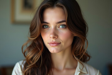 Fototapeta premium A young woman with dark brown hair and blue eyes wearing a white shirt.