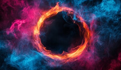 Fiery ring of light encircled by vibrant blue and pink smoke on black background.
