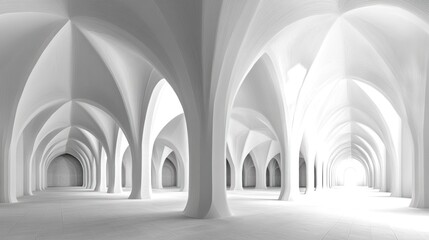 Fototapeta premium Monochromatic White Hallway Archway Columns Light Architecture Design