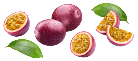 Isolated passion fruit. Passion fruits and maracuya leaves isolated on white background with clipping path