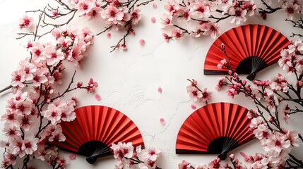 Obraz premium Festive arrangement for Lunar New Year featuring red fans and pink sakura flowers, top view on a white background with ample space for custom messages or advertisements