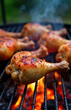 Hot chicken legs on grill grate over flaming charcoal. Outdoor summer cooking scene. Roasted poultry ready for tasty meal. Delicious barbecue dish. Perfect summer food. Grill cooking concept.